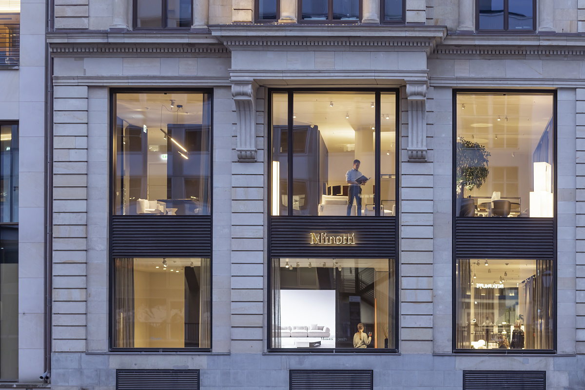 Minotti Flagship Store facade featuring ERCO lighting for high-end furniture display.