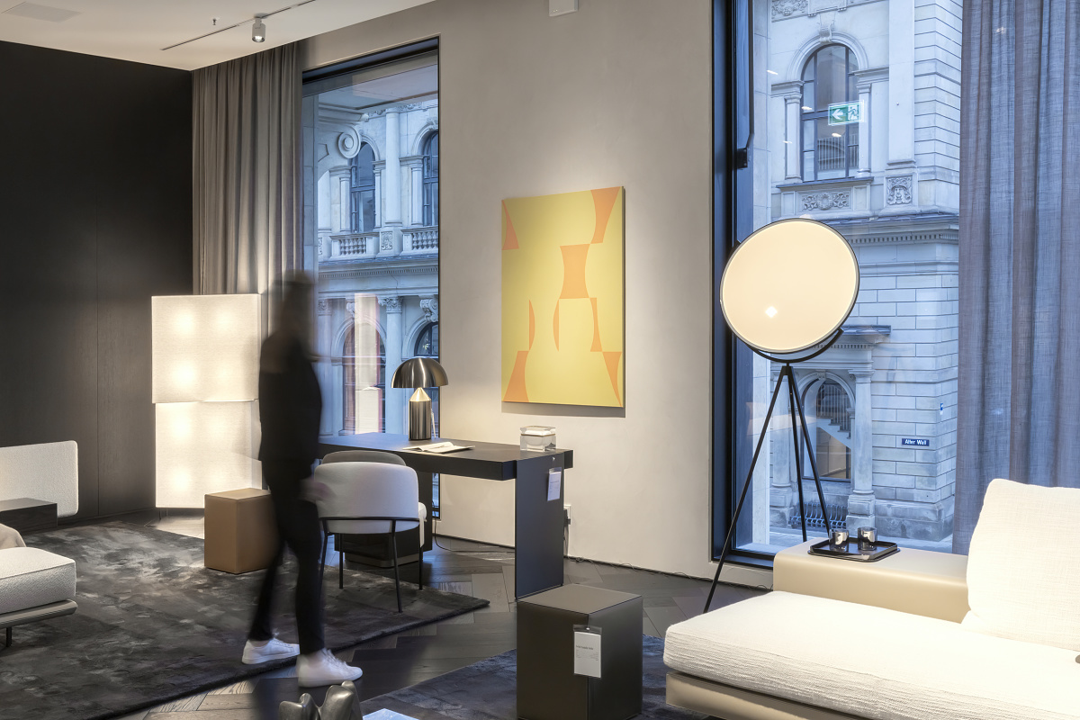 Minotti Flagship Store interior featuring ERCO lighting highlighting furniture and art.