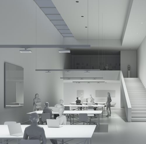 Modern office lighting with ERCO light structures for flexible workspaces.