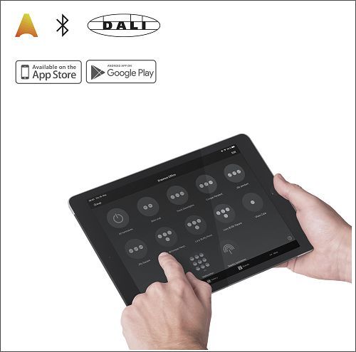 ERCO lighting control via tablet for modern office lighting.