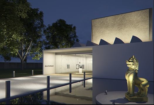 Illuminated museum exterior with sculpture and facade lighting by ERCO.