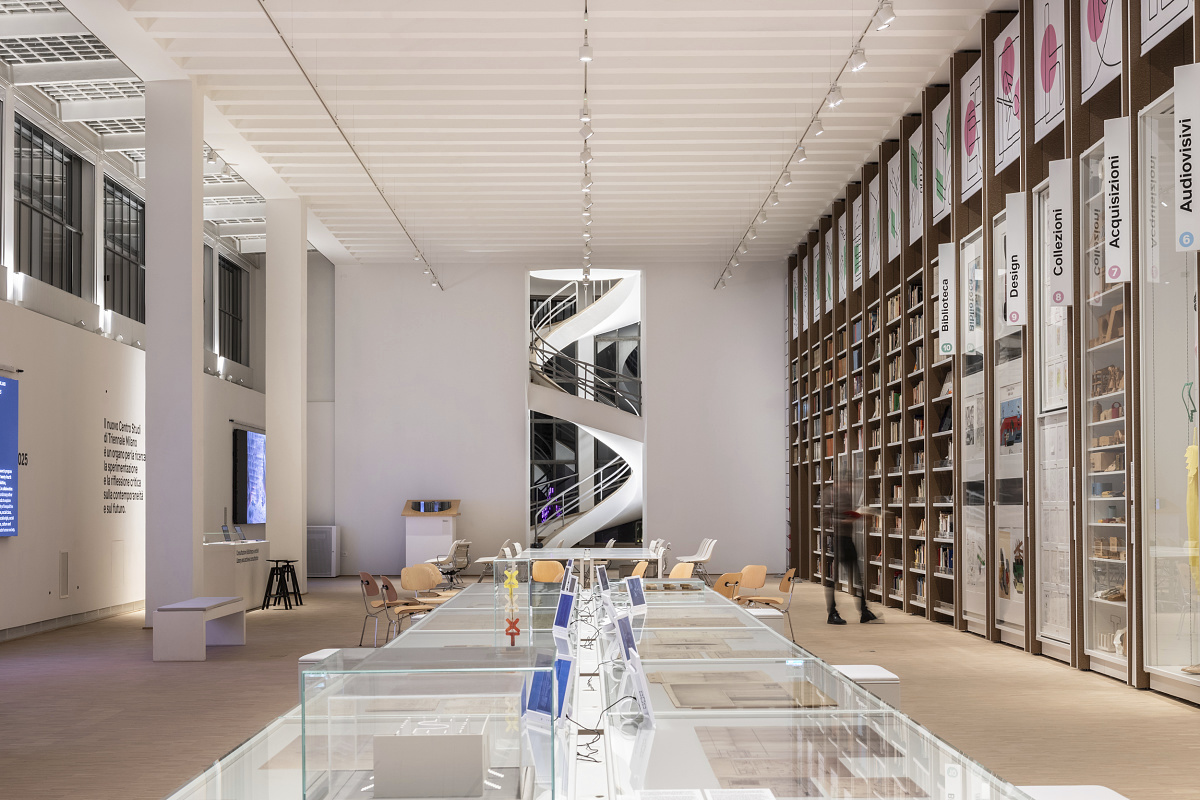Triennale Museum Milan interior featuring ERCO LED lighting and a spiral staircase.