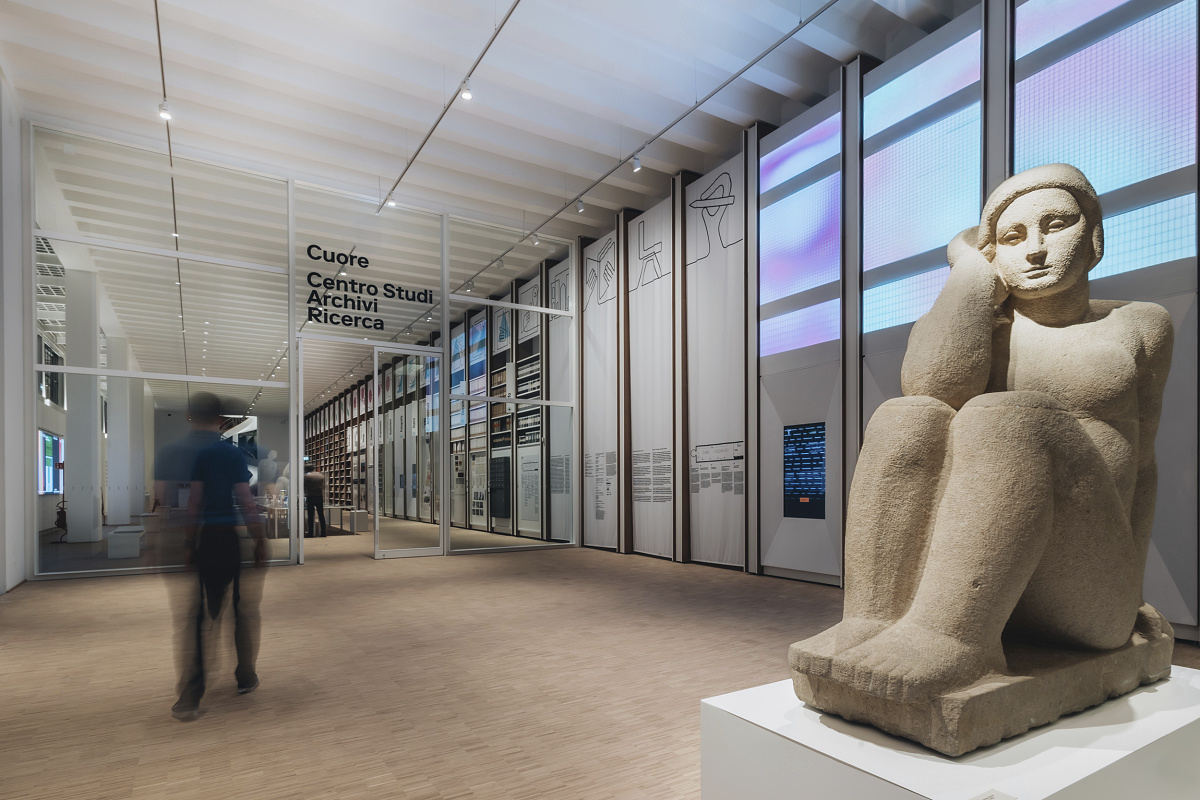Sculpture at Triennale Museum, Milan, illuminated by ERCO LED lighting for flexible exhibits.
