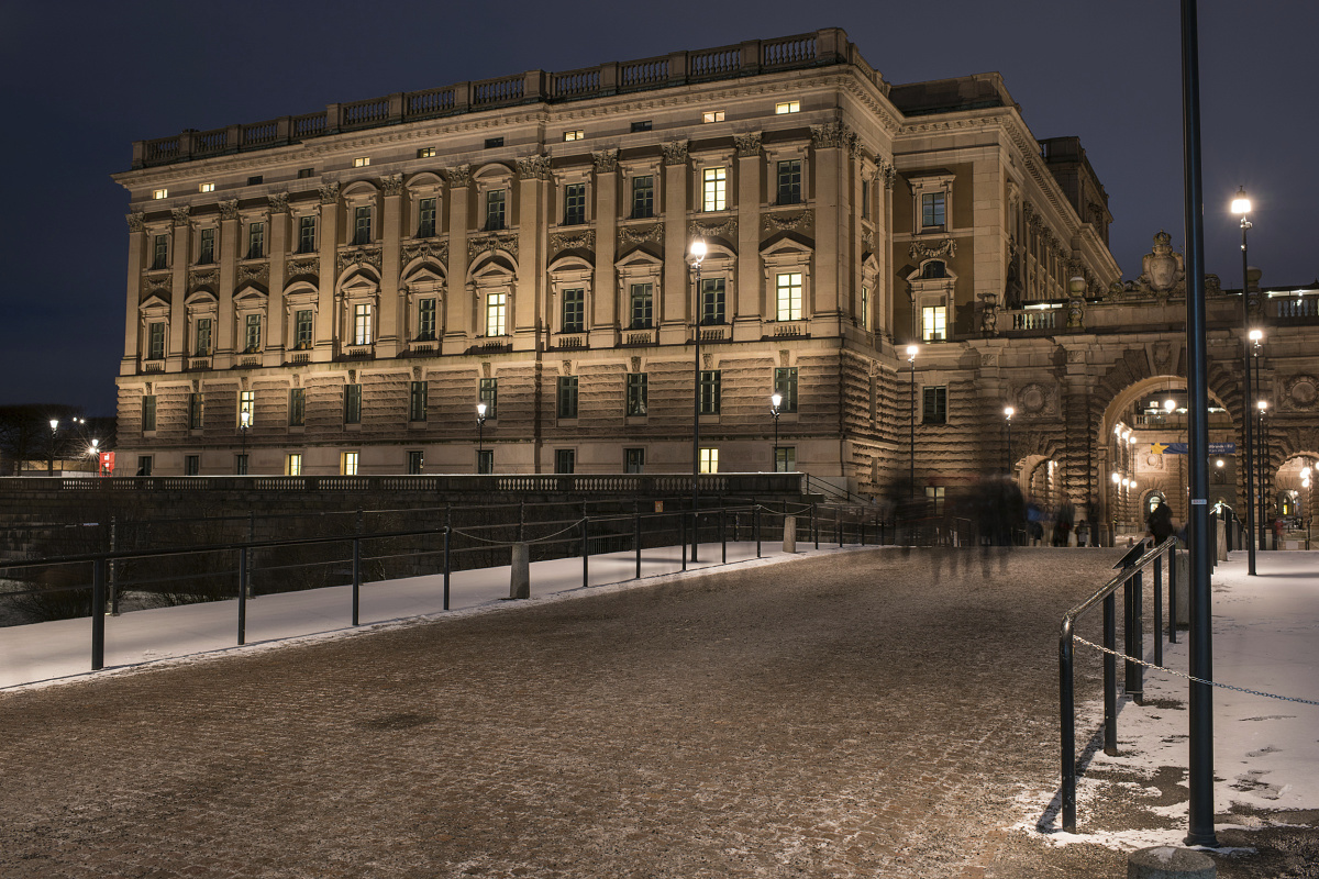 LED lighting illuminates the Parliament building in Stockholm at night.