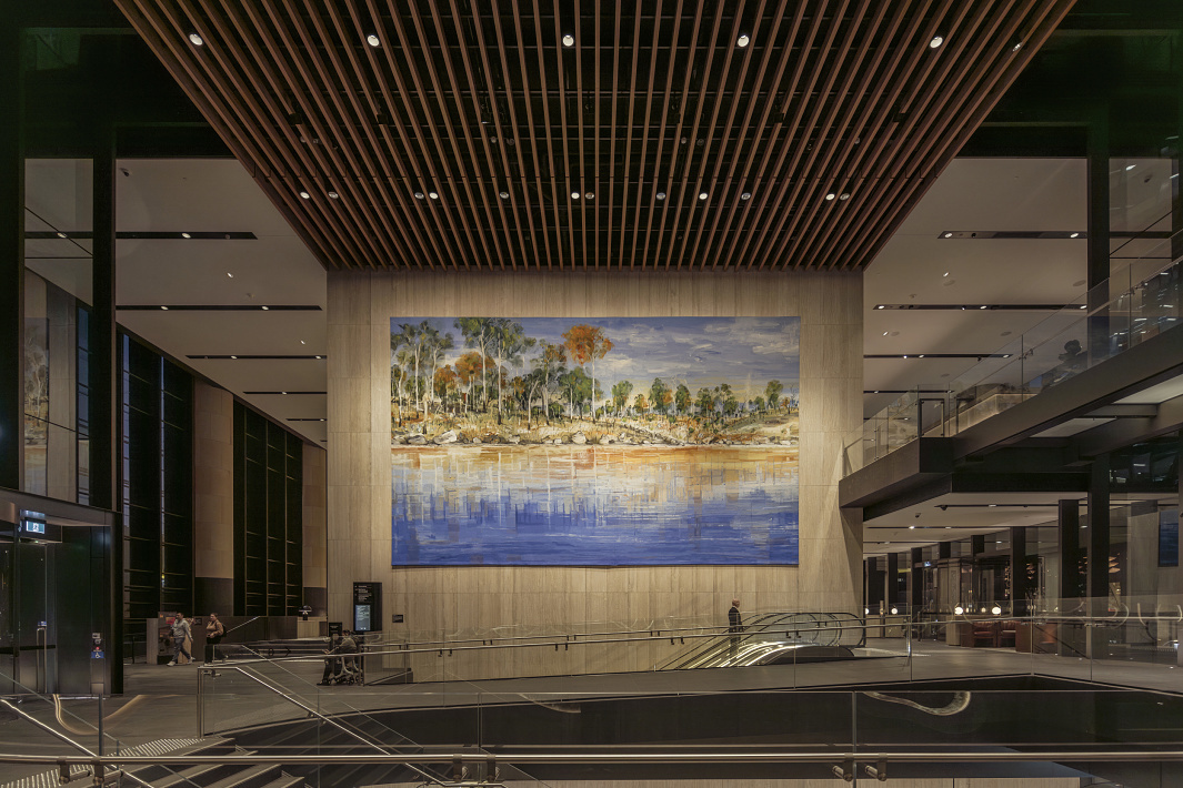 Parramatta Square lobby featuring art, ERCO lighting creating an inviting atmosphere.