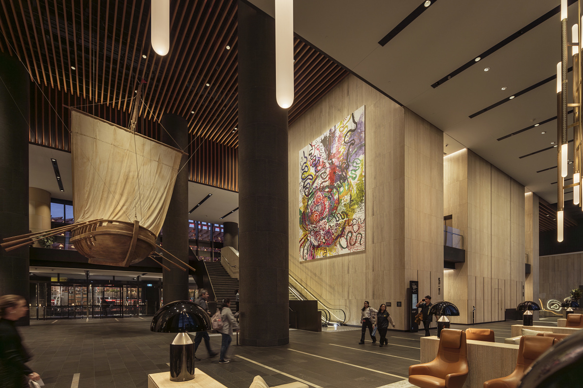 Parramatta Square lobby featuring art installations and ERCO lighting.