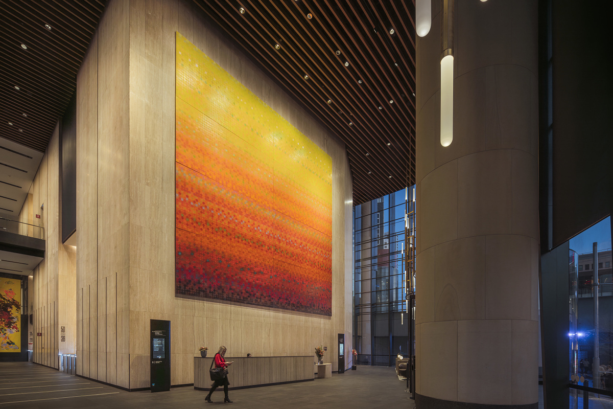 Parramatta Square lobby featuring art and ERCO lighting, creating an inviting atmosphere.