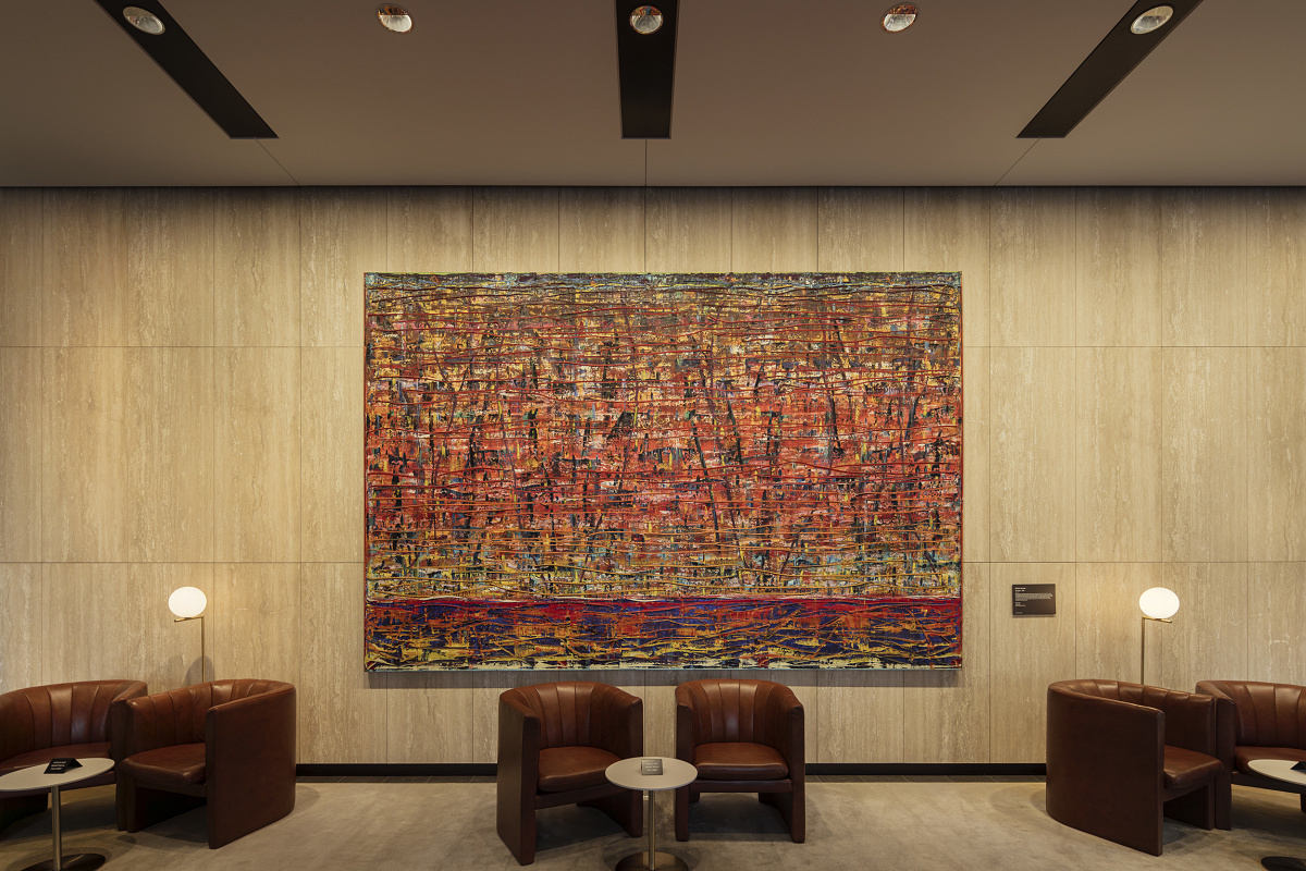 Parramatta Square lobby featuring art and ERCO lighting, creating an inviting atmosphere.