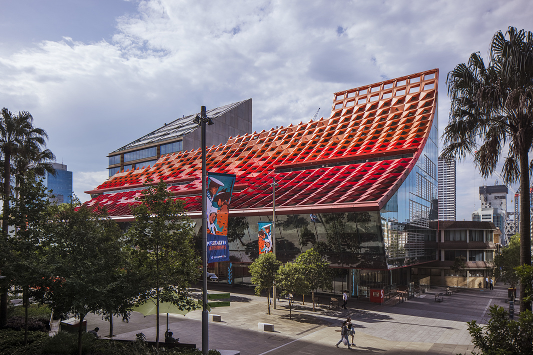 PHIVE building in Parramatta Square, Sydney, featuring modern architecture and sustainable ERCO lighting.