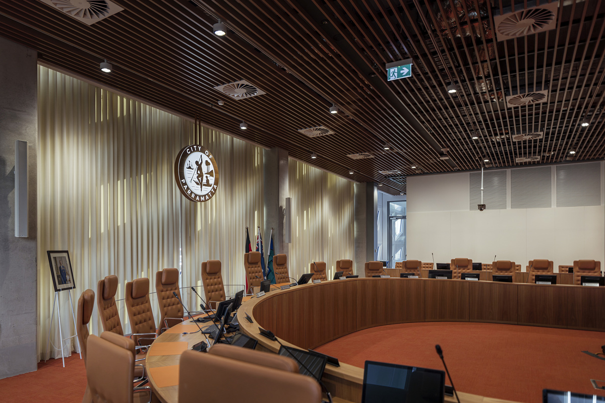 Parramatta Square council chamber, Sydney, featuring ERCO lighting for sustainability.