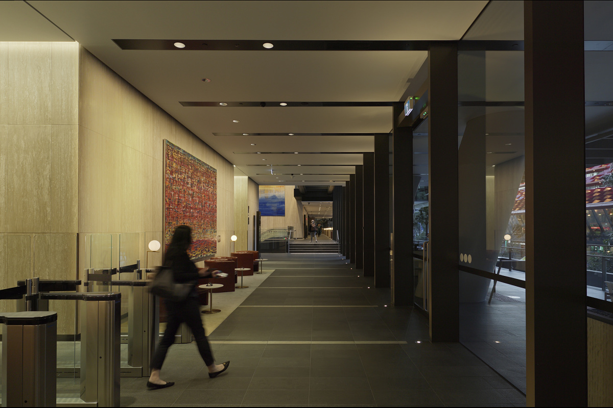 Parramatta Square interior featuring ERCO lighting, highlighting architectural details and guiding visitors.