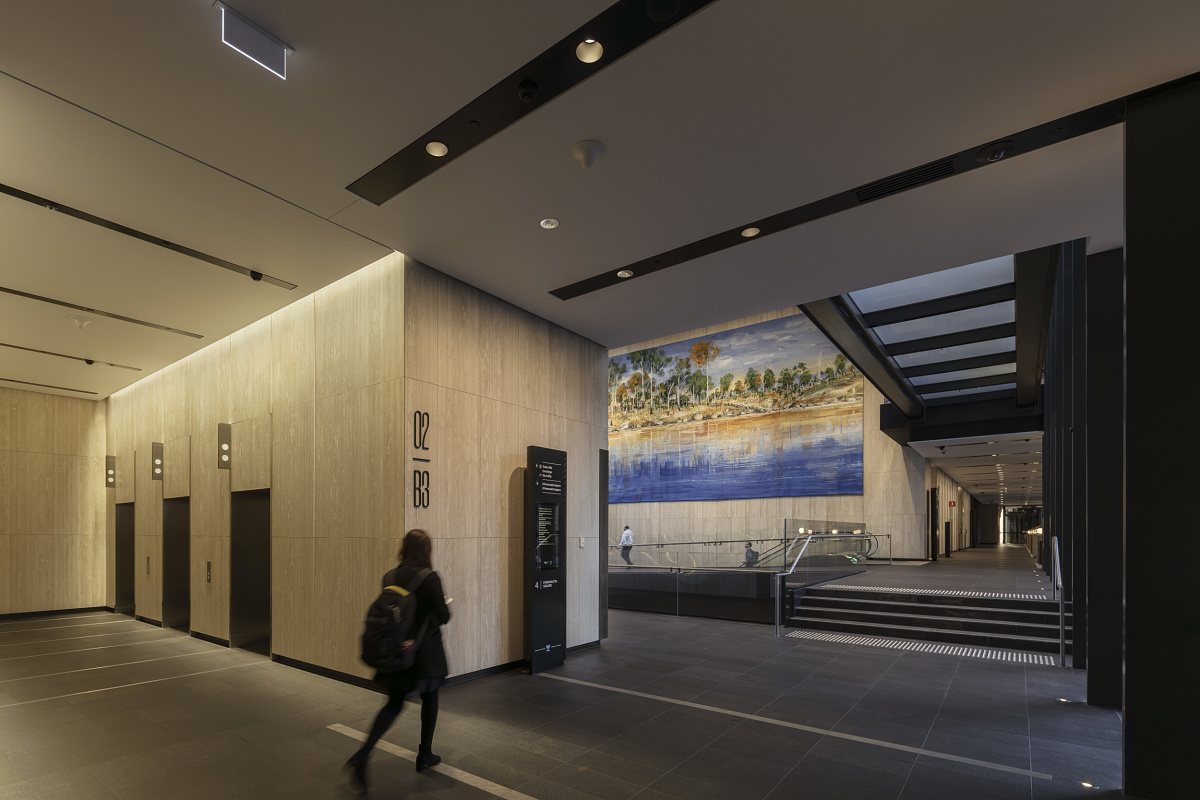 Parramatta Square interior in Sydney, featuring ERCO lighting and artwork.