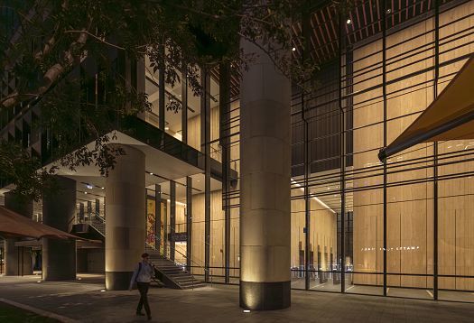 Parramatta Square illuminated at night, showcasing ERCO lighting design for a welcoming ambiance.