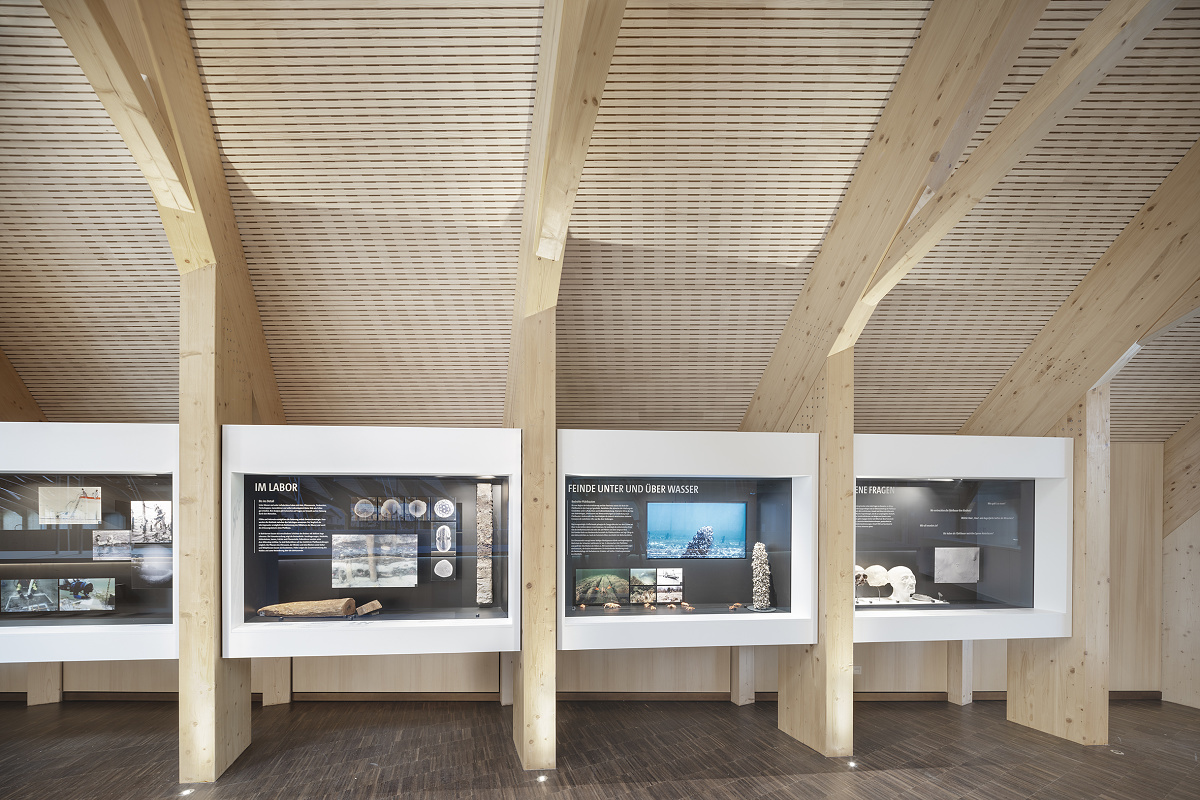 Pfahlbaumuseum Unteruhldingen interior featuring exhibits illuminated by ERCO lighting.