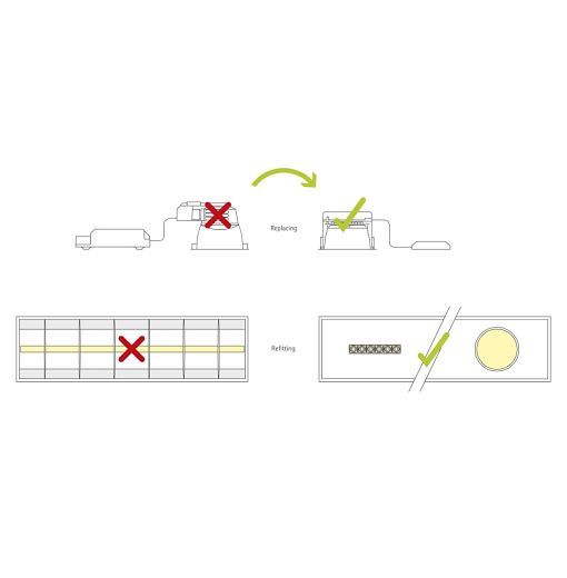 Diagram showing replacement of T5/T8 fluorescent lamps with energy-efficient ERCO LED recessed luminaires.