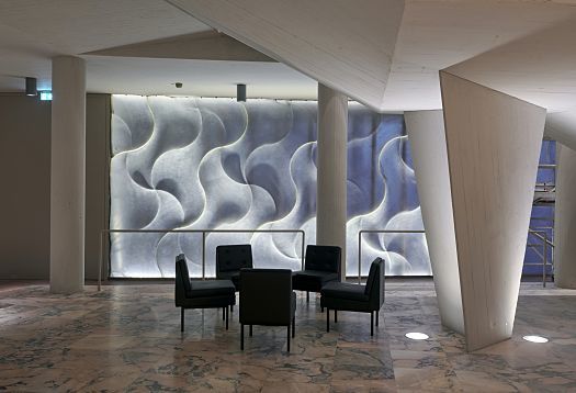 Schauspielhaus Düsseldorf foyer with ERCO LED lighting and seating area.