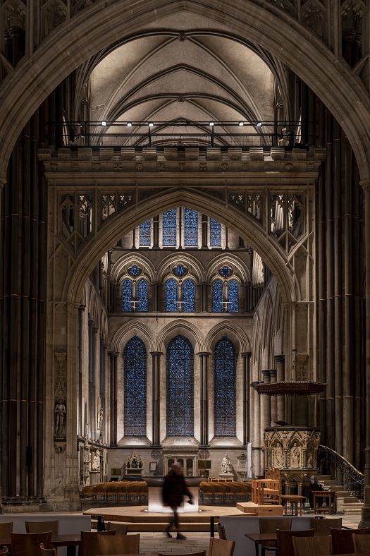 Salisbury Cathedral interior featuring ERCO LED lighting, enhancing architectural details and saving energy.