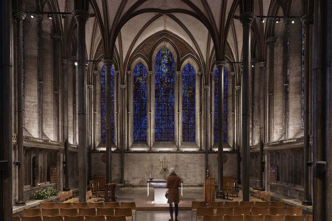 Salisbury Cathedral interior featuring ERCO LED lighting, showcasing sustainable relighting and architectural details.