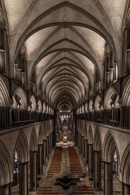 Interior of Salisbury Cathedral featuring ERCO LED lighting, enhancing architectural details and saving energy.
