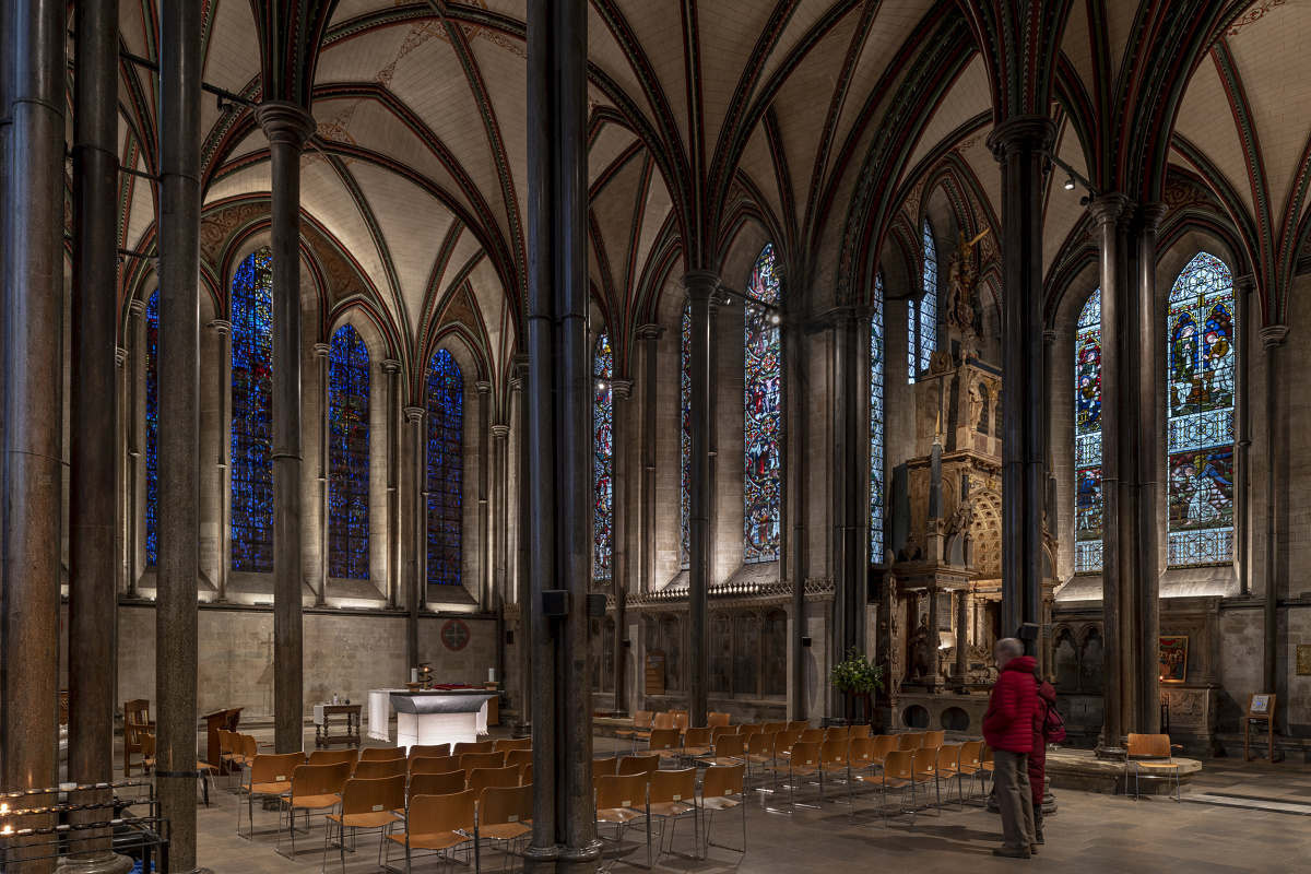 Salisbury Cathedral interior featuring ERCO LED lighting, enhancing architectural details and saving energy.