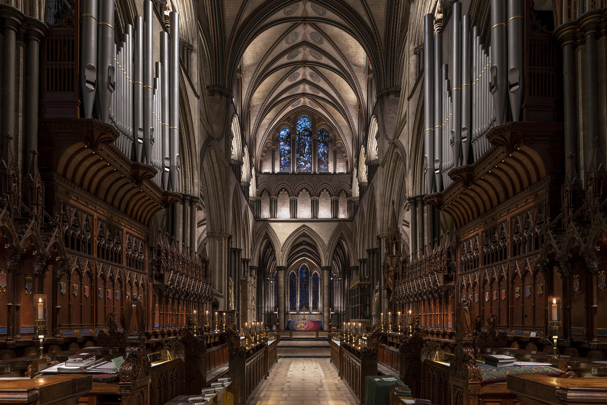 Salisbury Cathedral interior featuring ERCO LED lighting, enhancing architectural details and reducing energy use.