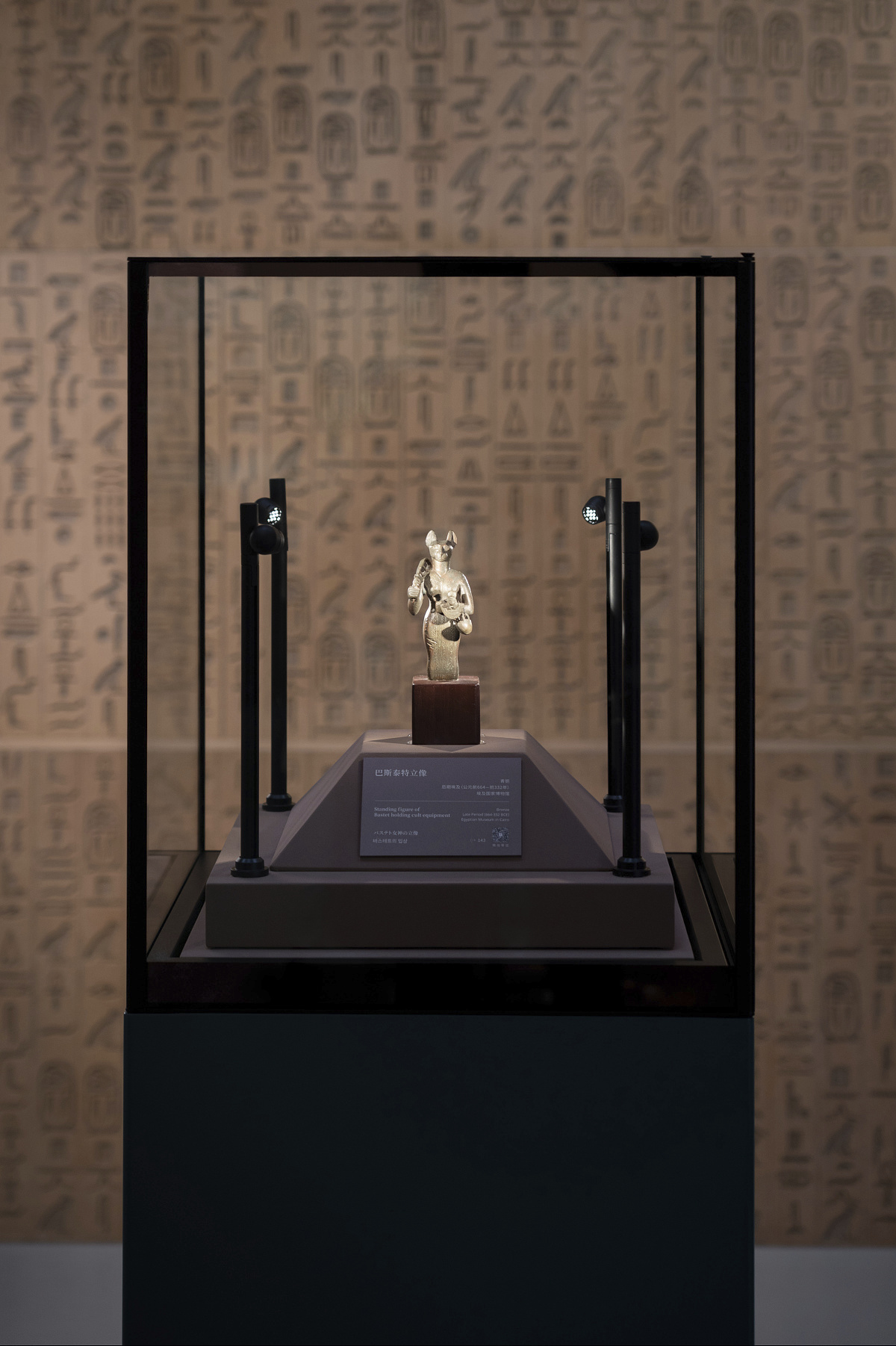 Bastet statue in Shanghai Museum, lit by ERCO LEDs for detailed artifact display.