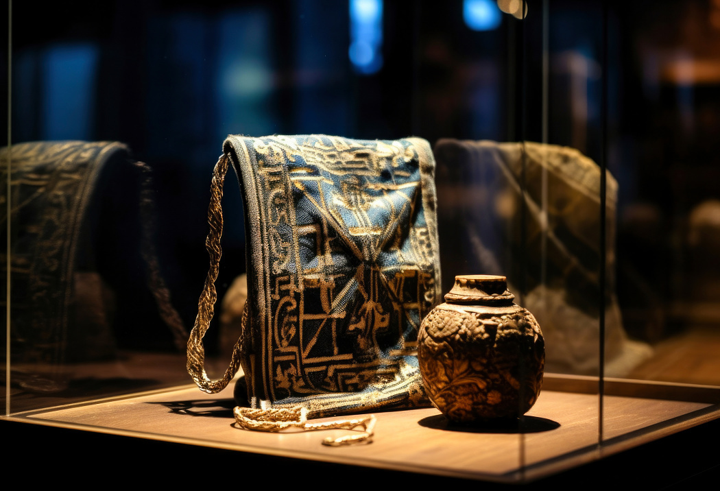 Museum display featuring a handbag and vase, illuminated by ERCO showcase lighting.
