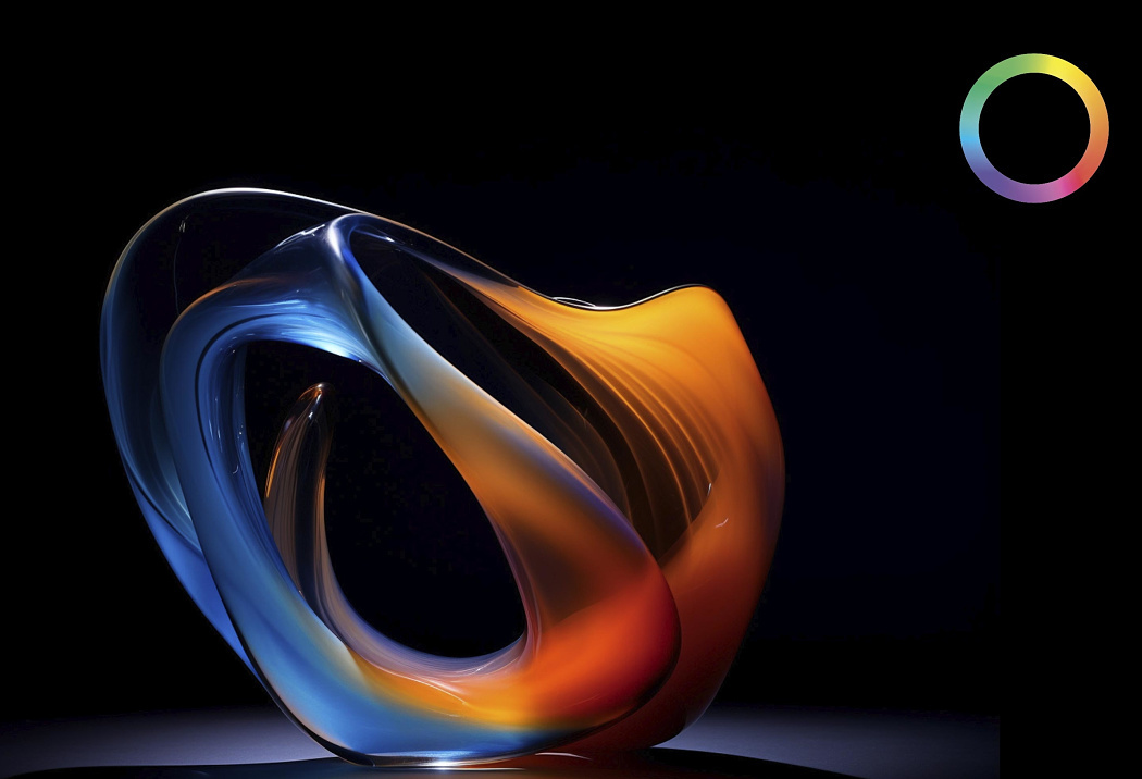 Abstract glass sculpture illuminated for museum showcase lighting, part of exhibit display.