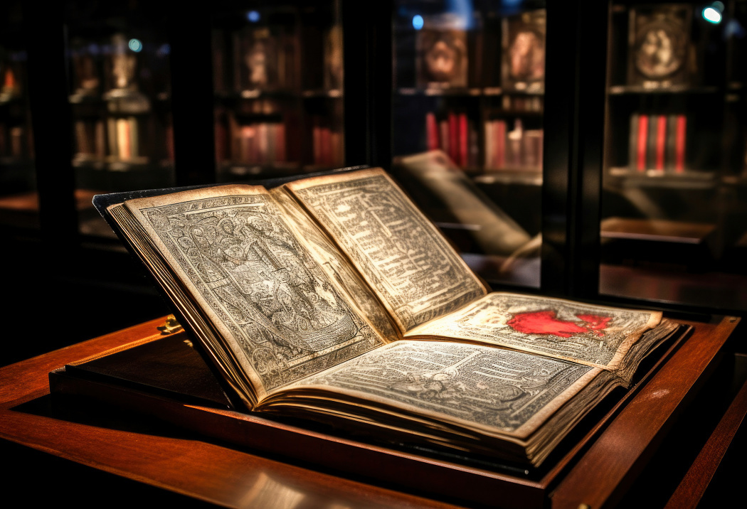 Illuminated antique book in a museum showcase, presented with ERCO lighting.