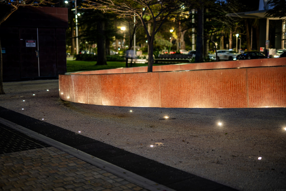 Illuminated Signature Ring at Elizabeth Quay, Perth, featuring ERCO Tesis in-ground luminaires.