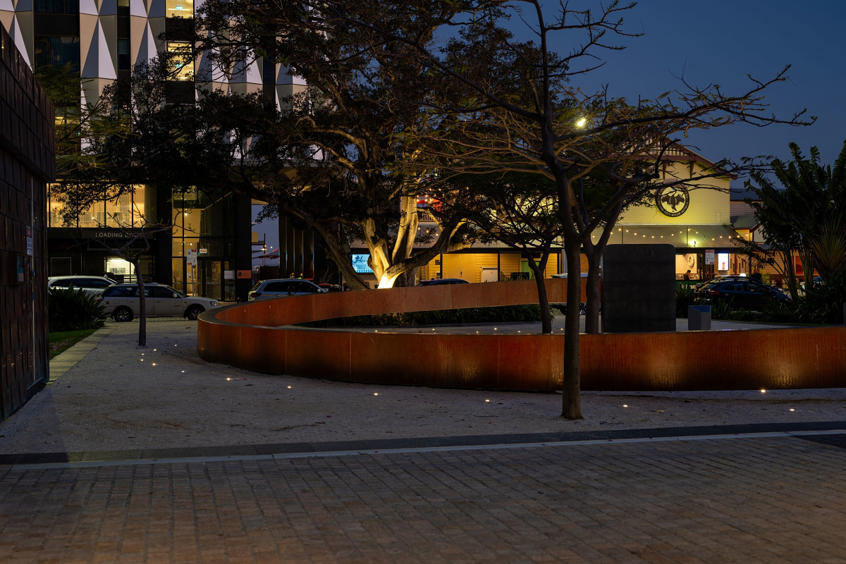 Illuminated Signature Ring at Elizabeth Quay, Perth, featuring ERCO Tesis in-ground luminaires.