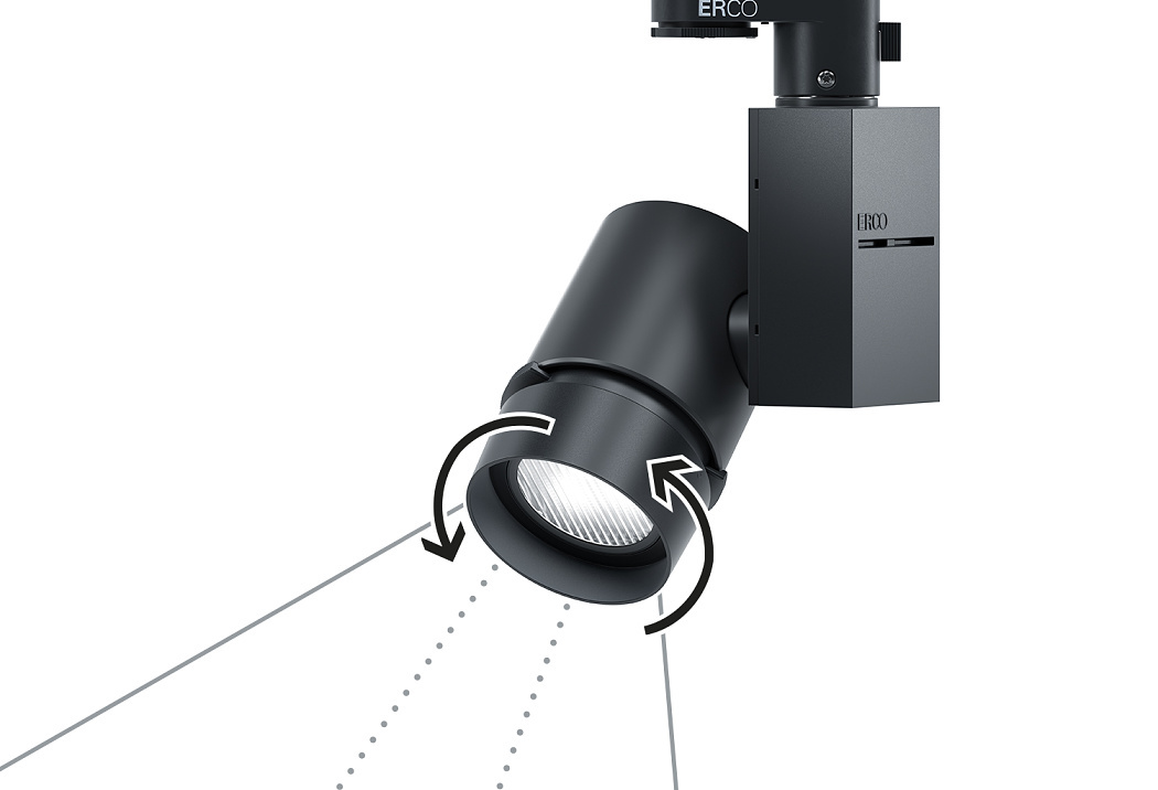 ERCO LED spotlight for track, showing adjustable beam for flexible accent lighting.