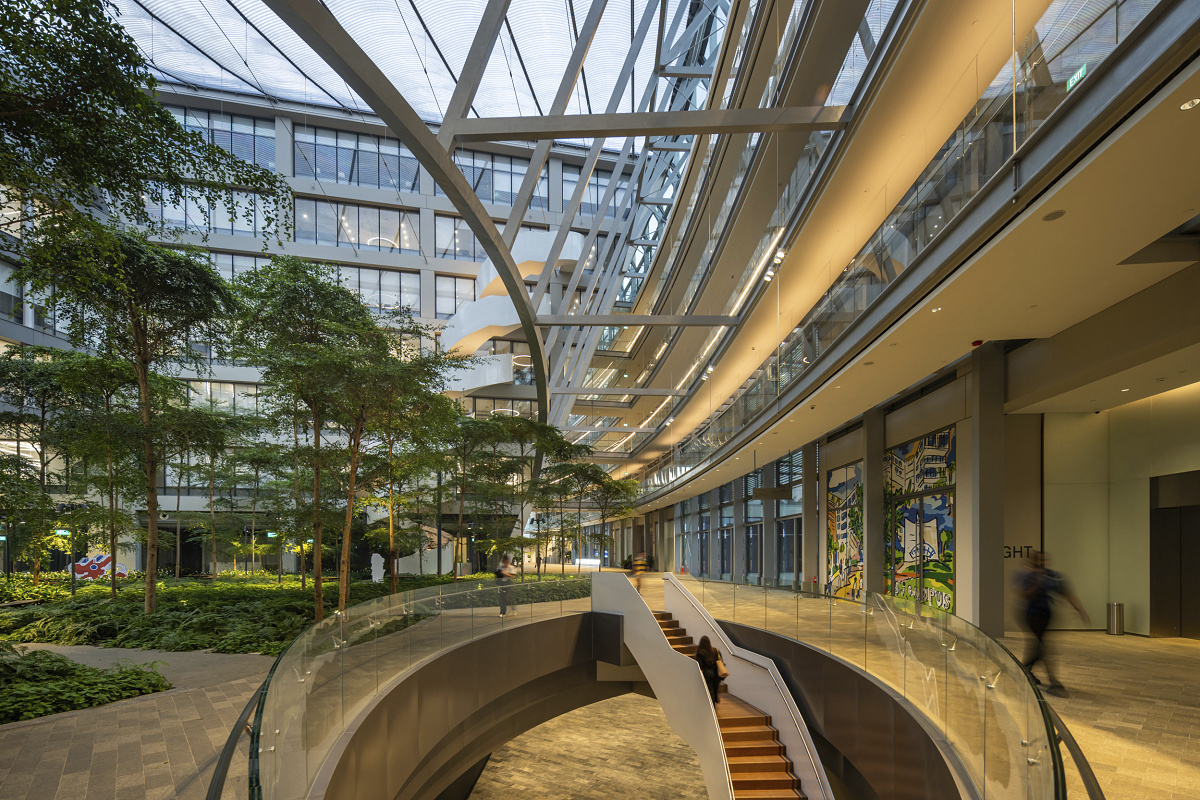 Surbana Jurong Campus, Singapore: Architecturally beautiful office campus with LED lighting in lush greenery.