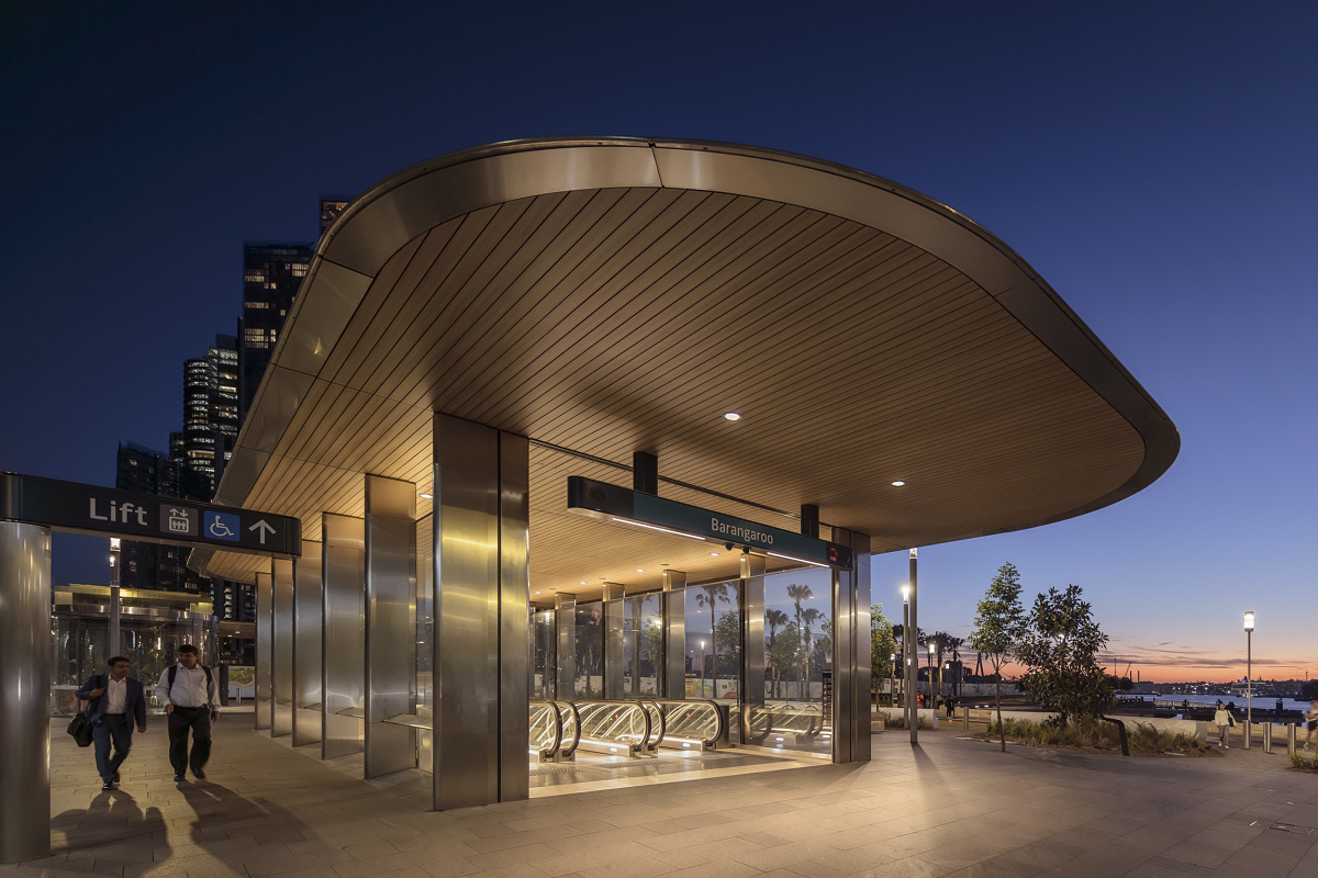 Barangaroo Station entrance in Sydney, featuring modern architecture and ERCO lighting for user comfort.