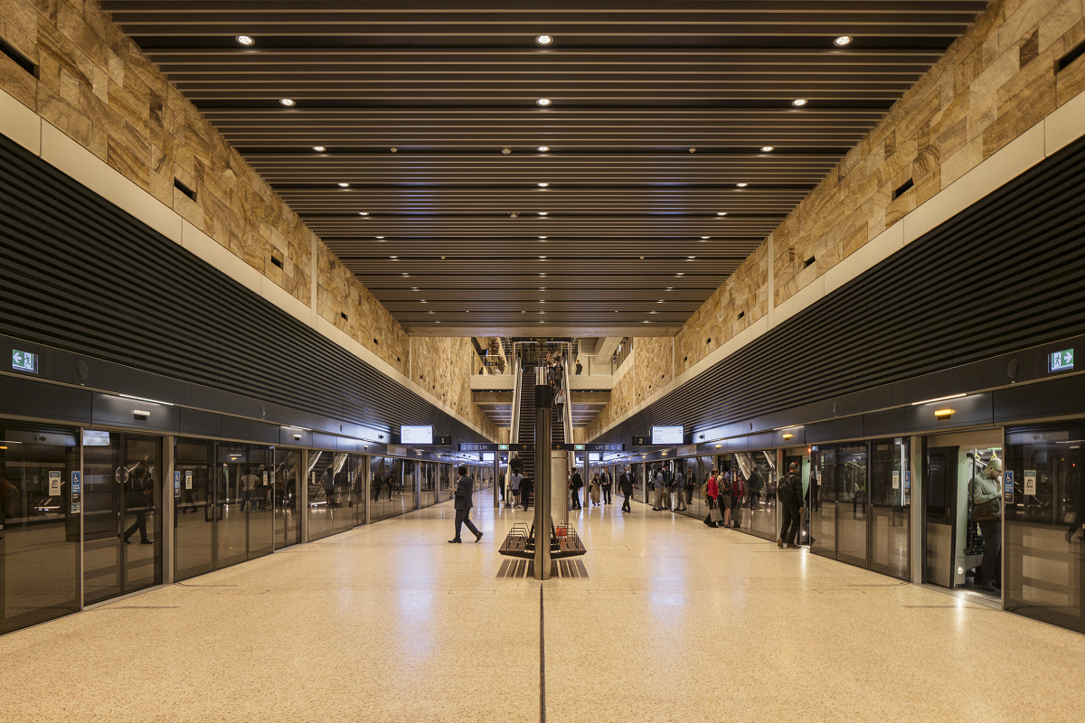Barangaroo Station in Sydney, featuring ERCO downlights for uniform illumination.