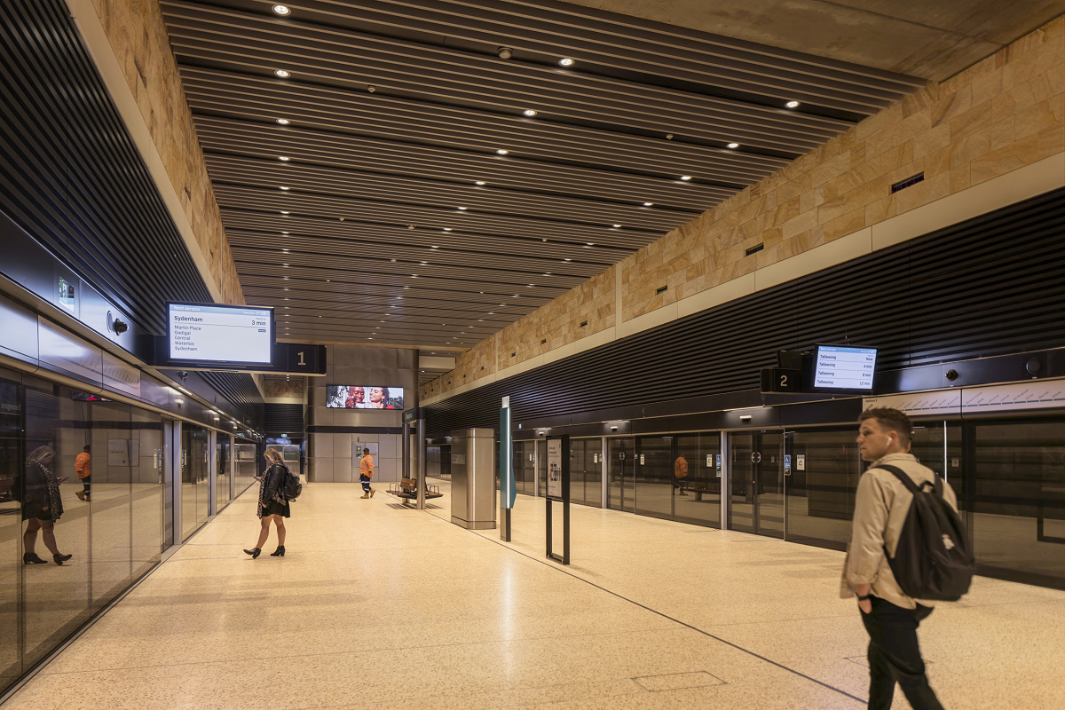 Barangaroo Station illuminated by ERCO LED lighting, providing uniform light and safety.
