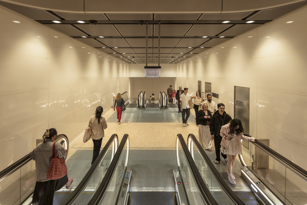 ERCO LED downlights illuminate Barangaroo Metro Station, Sydney, providing wayfinding and ambient light.