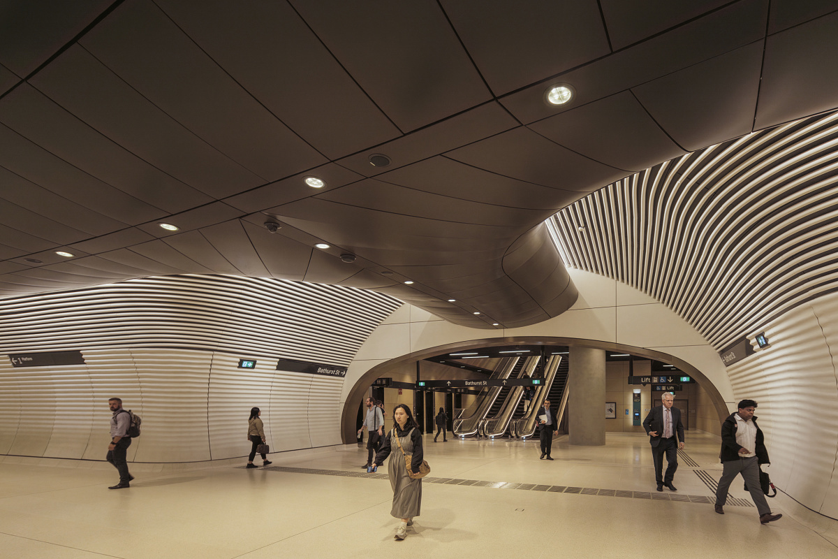 Gadigal Metro Station in Sydney, featuring uniform lighting with ERCO downlights.