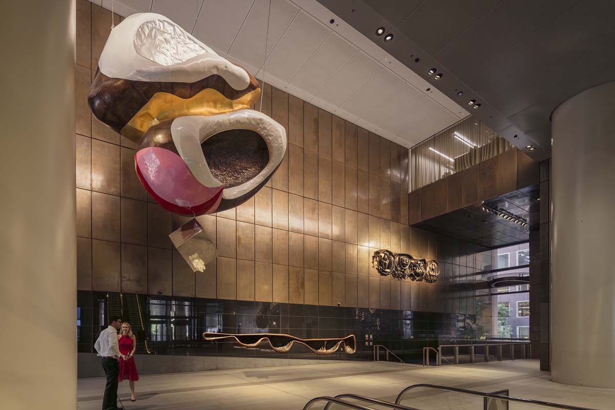 Claire Healy and Sean Cordeiro sculpture, lit by ERCO spotlights in Martin Place Metro Station, Sydney.