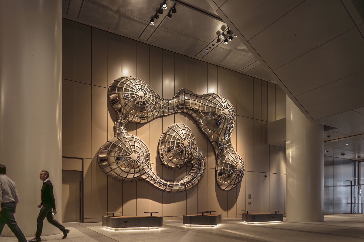 Claire Healy and Sean Cordeiro sculpture, lit by ERCO spotlights in Martin Place Metro Station, Sydney.