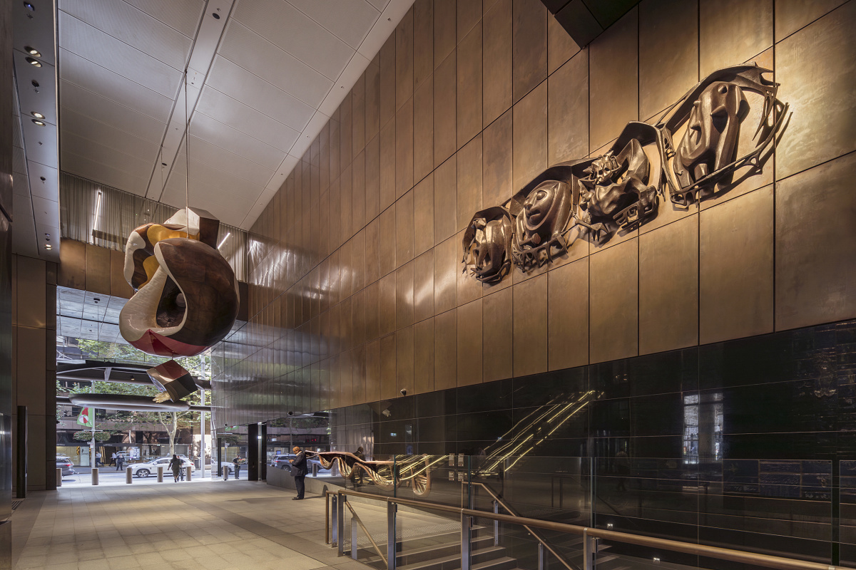 Art installations at Martin Place Metro Station, Sydney, illuminated by ERCO lighting.