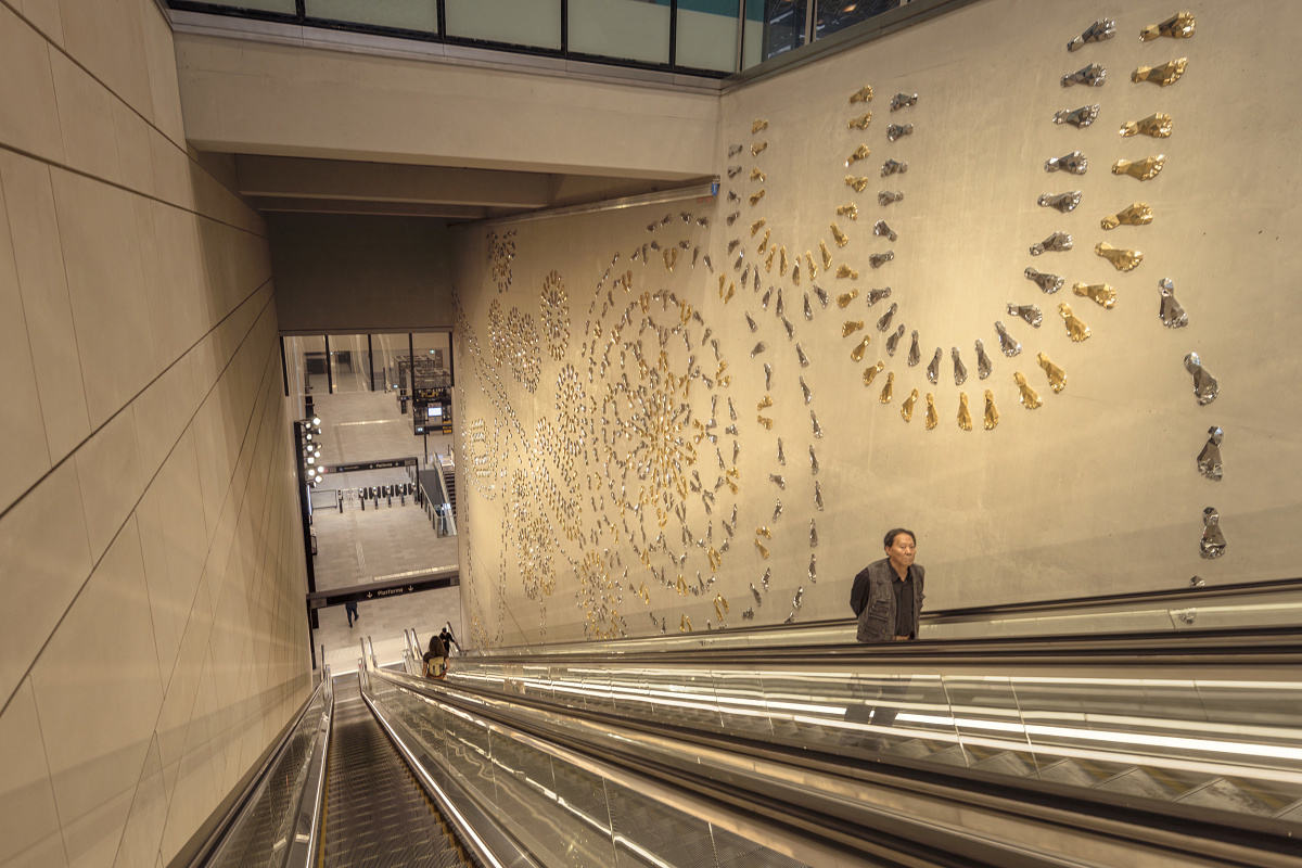 Art installation with ERCO Kona lighting at Waterloo Metro Station, Sydney.