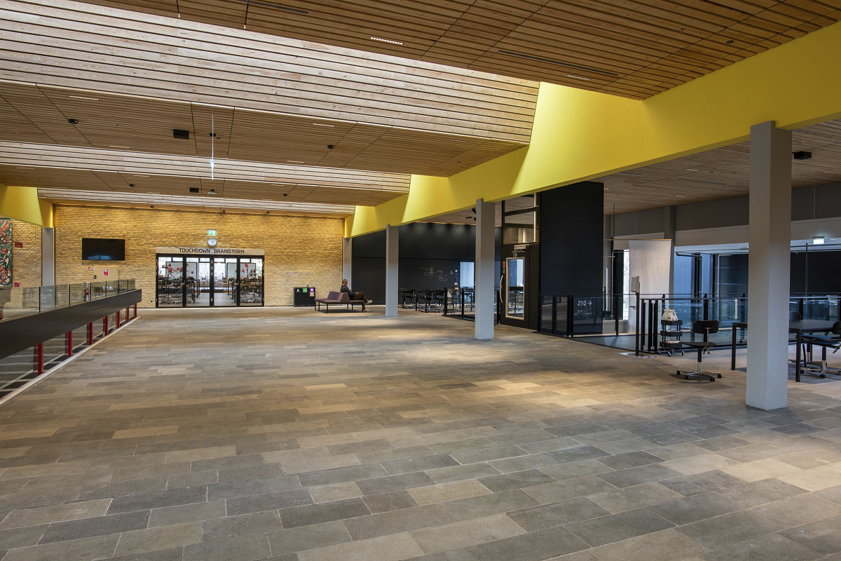 Interior of the Technical University of Denmark featuring ERCO LED downlights and wallwashing.