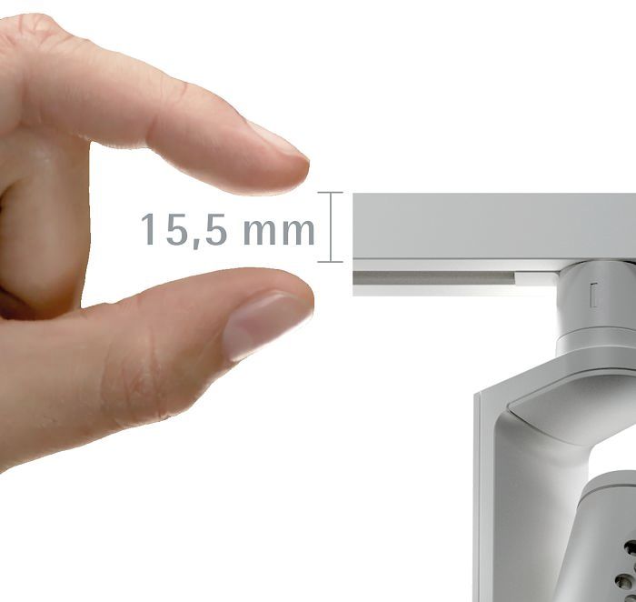 Close-up of ERCOs Minirail 48V track, highlighting its compact 15.5mm size.