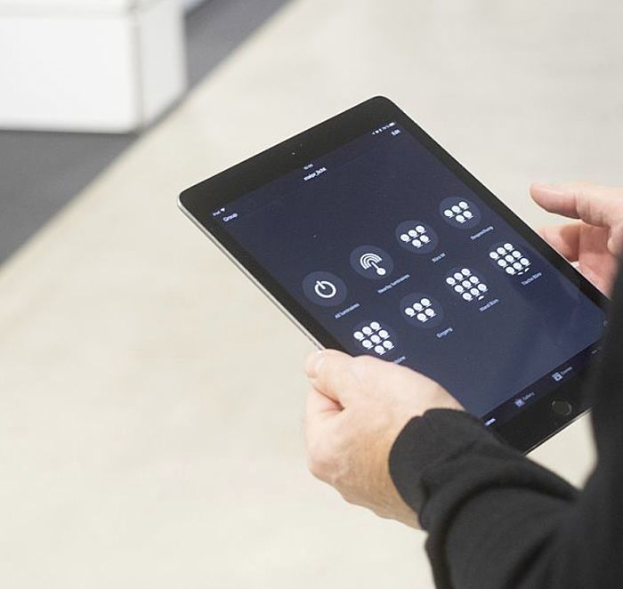Tablet displaying an app for wireless control of ERCO 48V lighting systems.