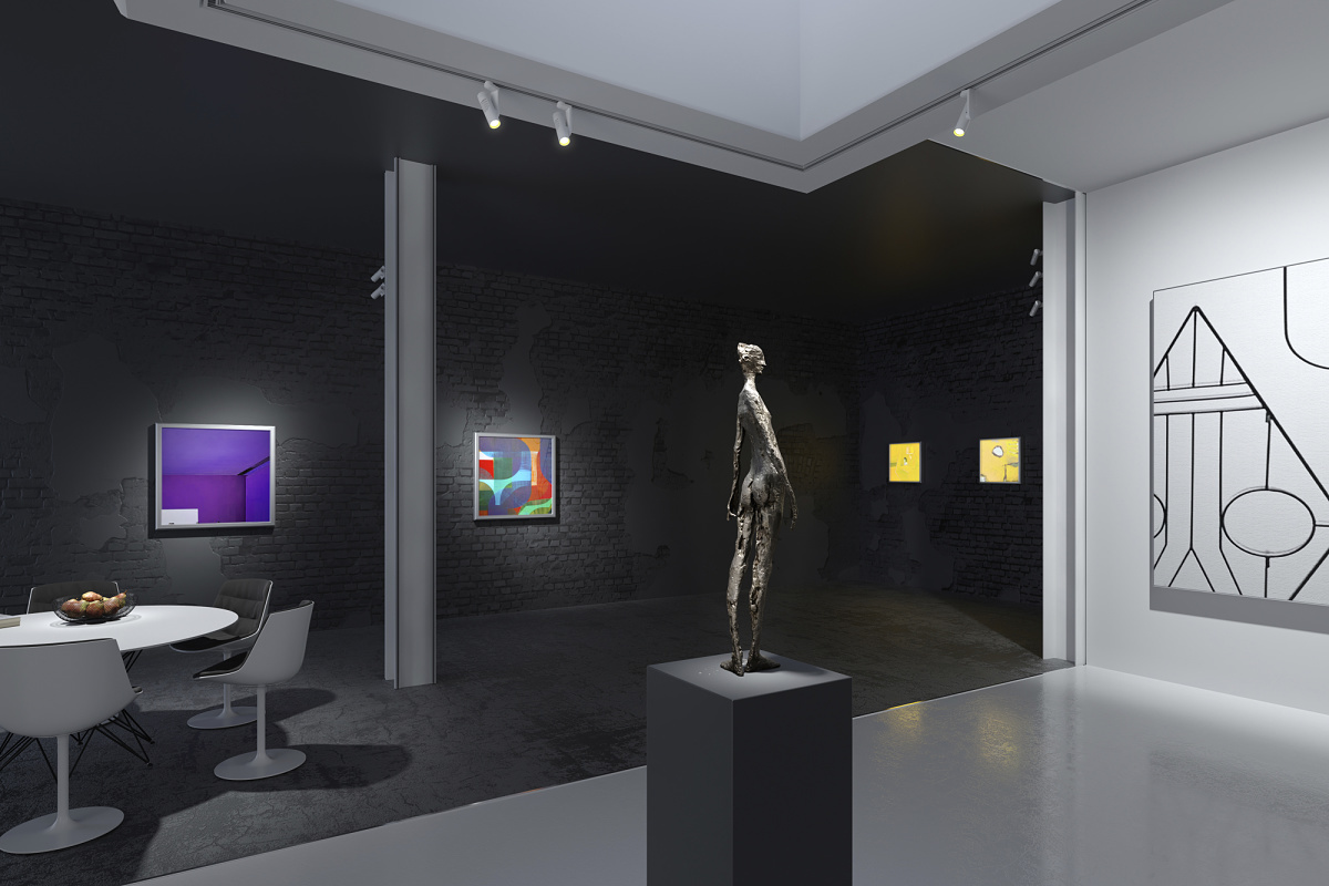 ERCO 48V system: Art gallery featuring sculpture and paintings illuminated by efficient LED spotlights on Minirail tracks.