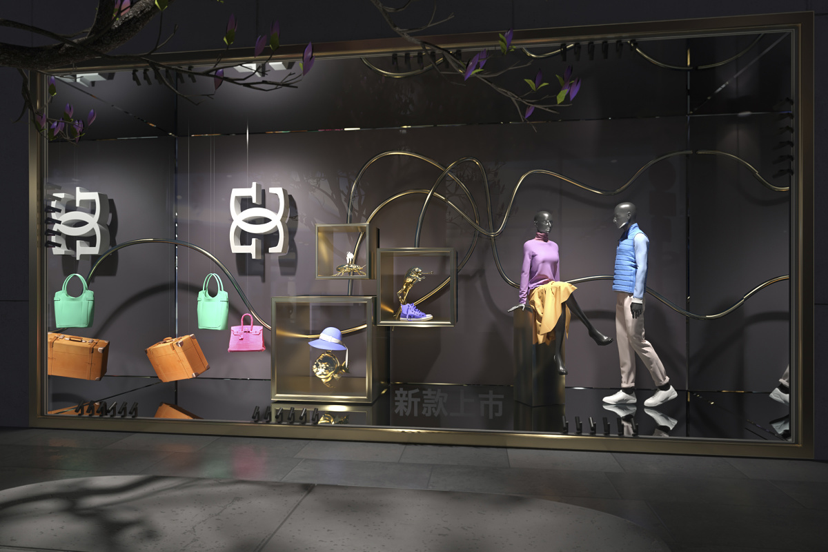 Mannequins display fashion and accessories in an elegant 48V system window display.