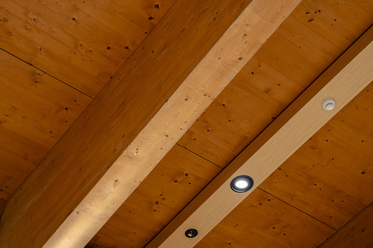 Wooden ceiling with ERCO Gimbal recessed spotlights at The Guesthouse, Singapore. Accentuating the wood structure.