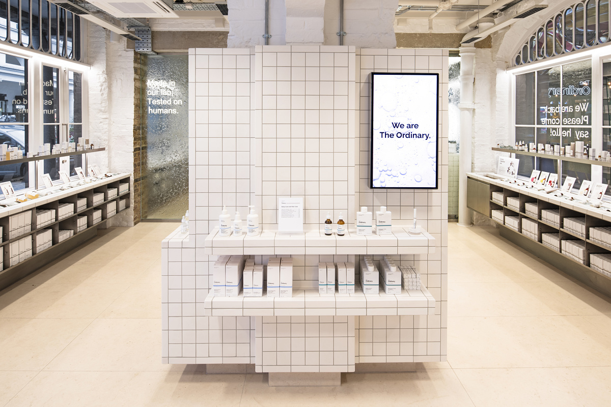 Interior of The Ordinary store in Covent Garden, London, featuring LED lighting.