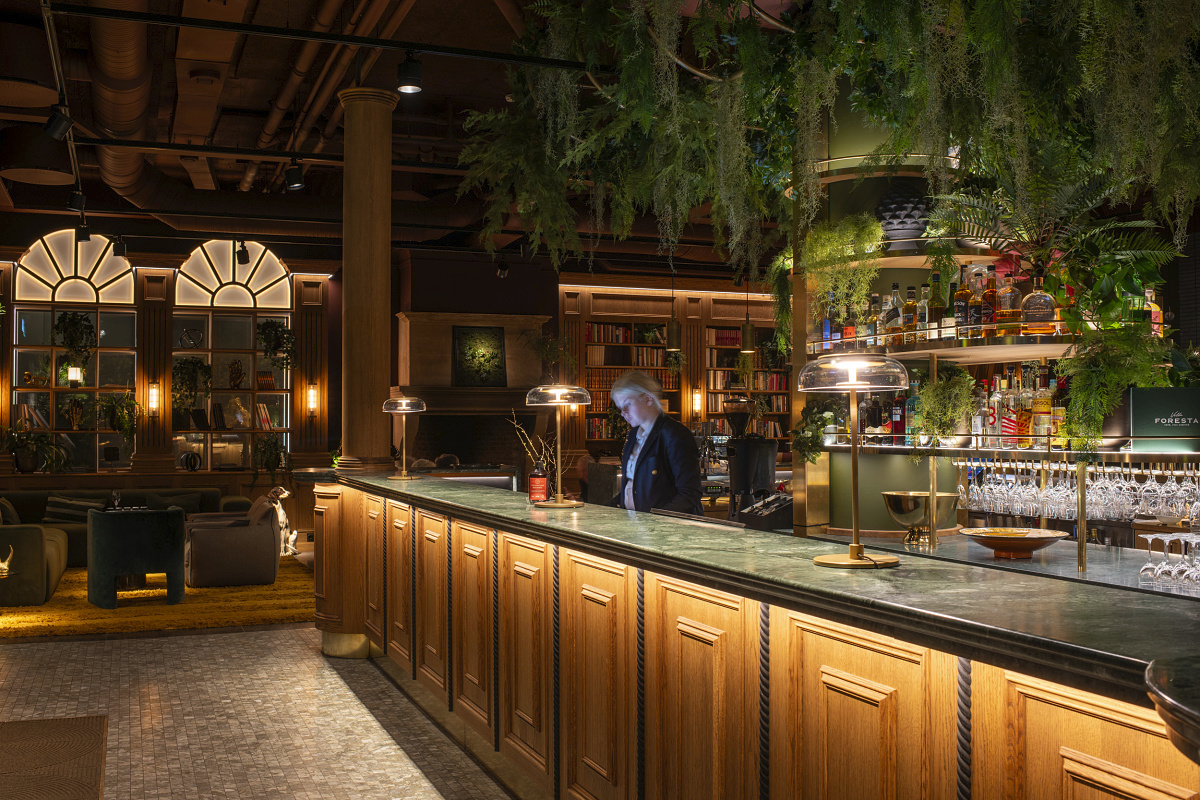 Atmospheric LED lighting at the bar in Hotel Villa Foresta, Stockholm.